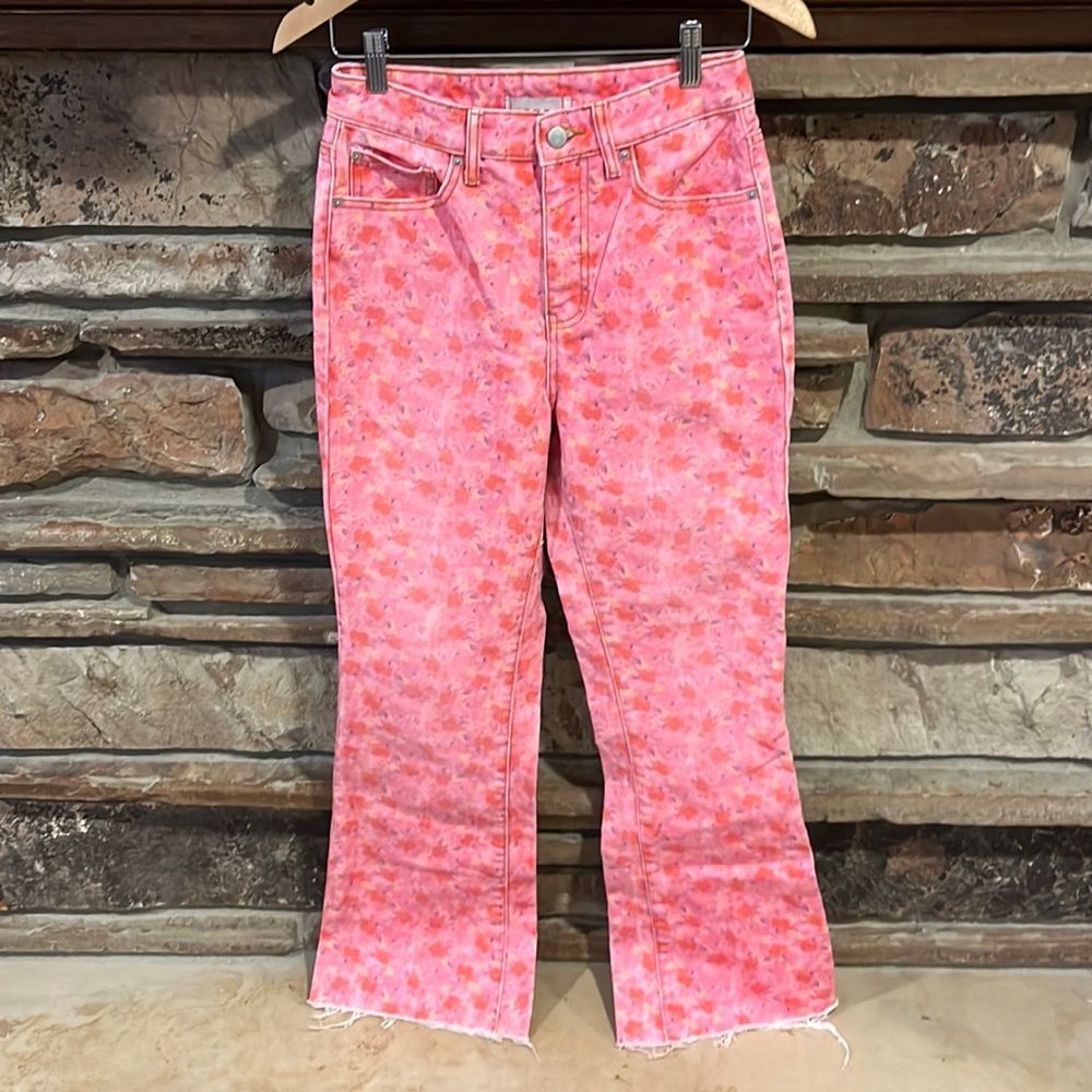 BDG Urban Outfitters Pink Floral High Rise Flare Jeans Raw Hem